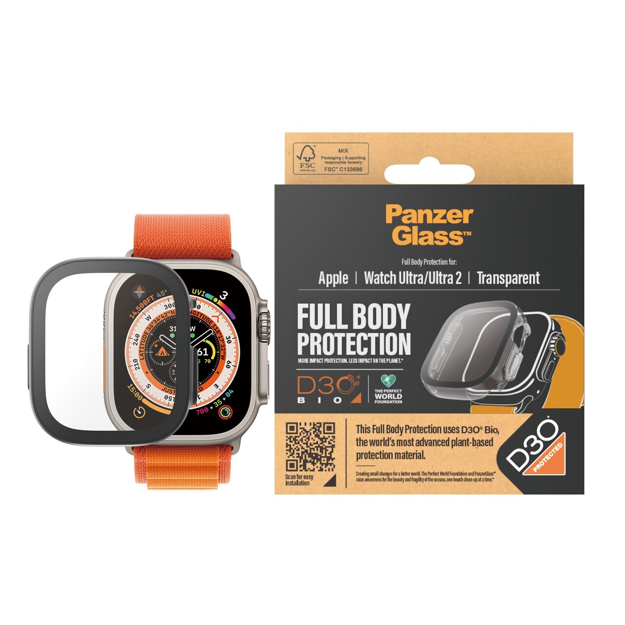 Skærmbeskytter - PanzerGlass FullBody m/D3O - Apple Watch Ultra 9 - Klar