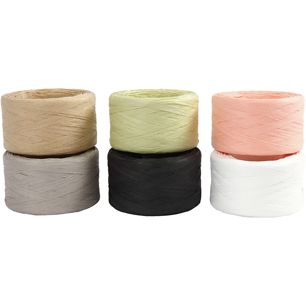 Papirgarn Raffia - 7-8mm - Ass. Farver - 100m - 6 ruller