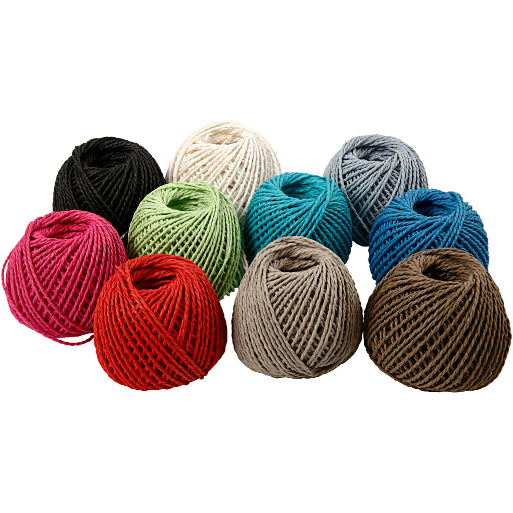 Papirgarn tykkelse 2,5-3 mm cirka 42 meter assorteret farver | 10 x 150 gram