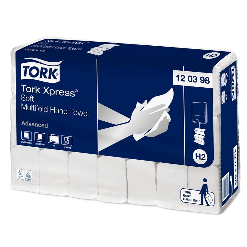 Papirhåndklæder ark, Tork 130289, Advanced, H2, 2 lag, white, 212mmx255mm, æske a 3780 stk