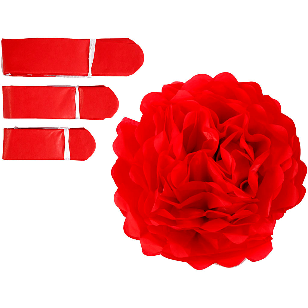 Papirpomponer diameter 20 + 24 + 30 cm 16 gram rød | 3 stk.