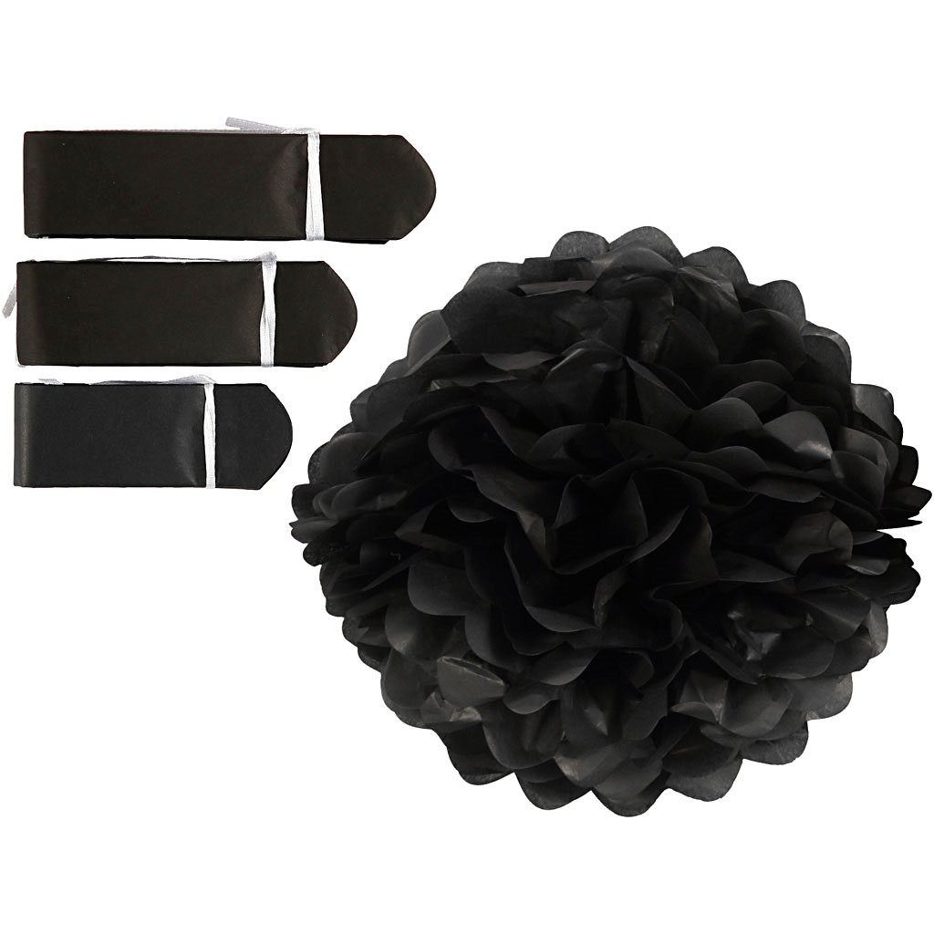 Papirpomponer diameter 20 + 24 + 30 cm 16 gram sort | 3 stk.