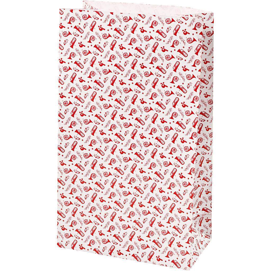 Gaveposer i papir, H: 21 cm, str. 6x12 cm, hvid, rød, trompet, 8stk., 80 g