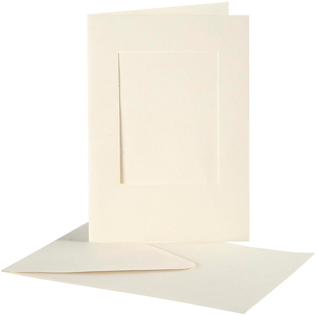 Passepartoutkort med kuvert - Off-white 10,5x15 cm hul 6,5x8,8 cm - 10 sæt