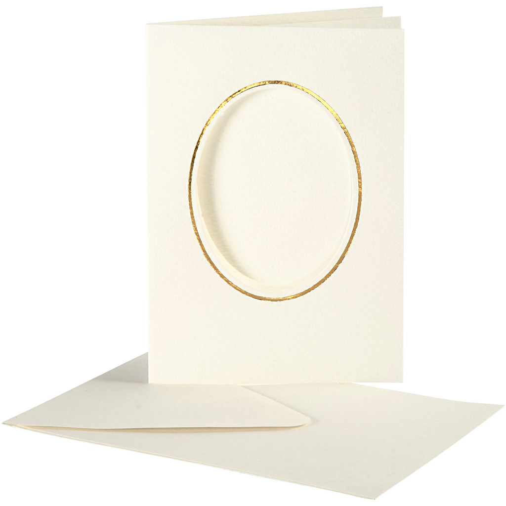 Passepartoutkort med kuvert - Oval guld kant - Off-white - 10 sæt