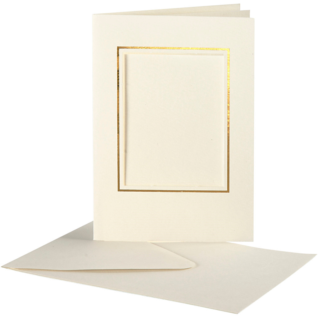 Passepartoutkort med kuvert - Off-white - 10,5x15 cm - Hulstr. 6,5x8,8 cm - Guldkant - 10 sæt