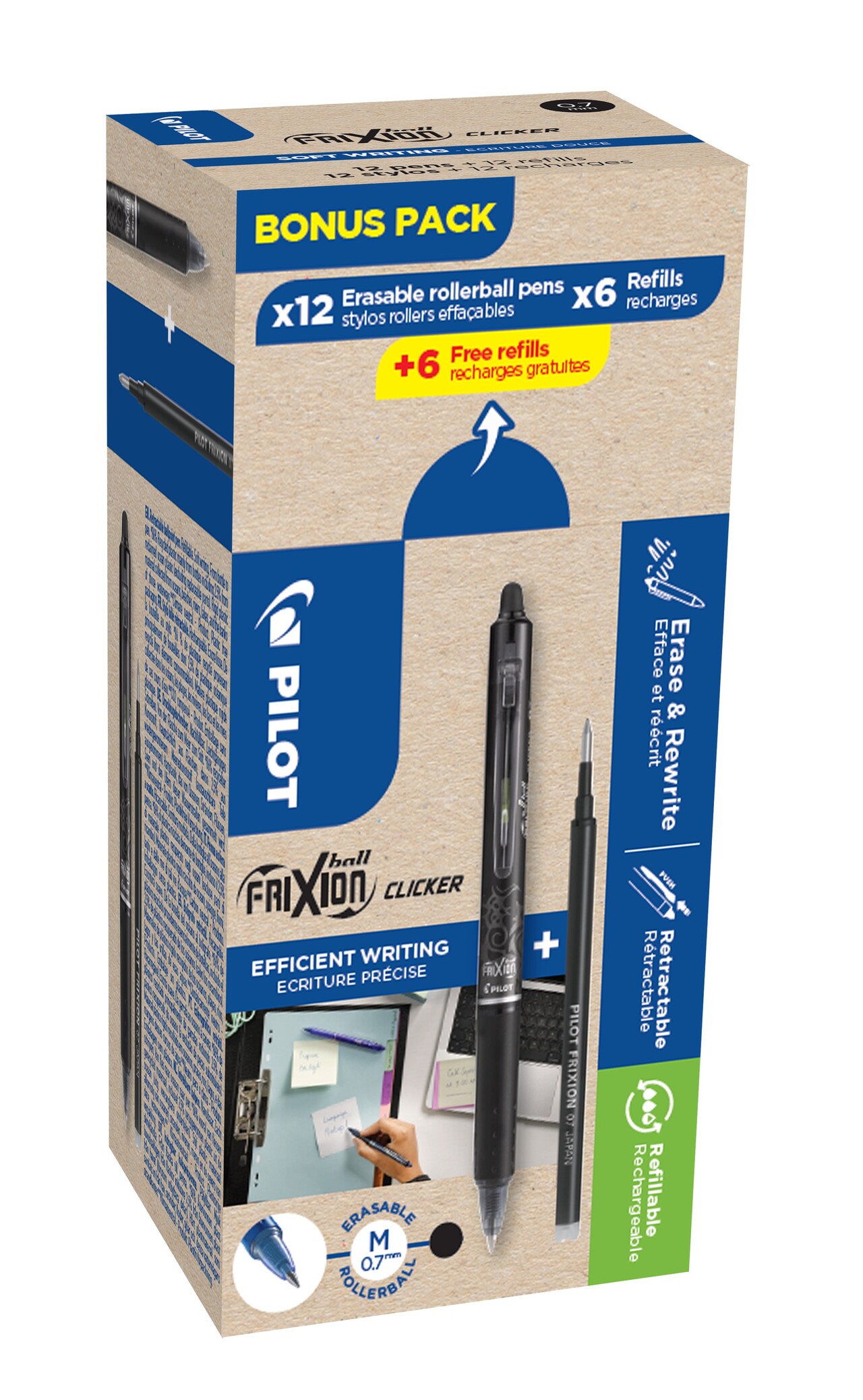 12 stk. Pilot Frixion Clicker kuglepen sort pack 12 pen / 6 refiller + 6 refiller - Køb minimum 12 stk.