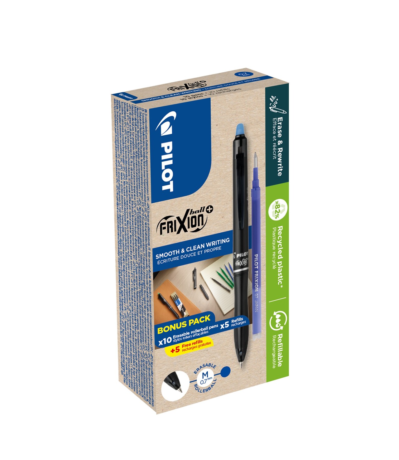 Kuglepen m/klik - Pilot FriXion Ball Plus 0,7 - Blå - Green Pack 10+10