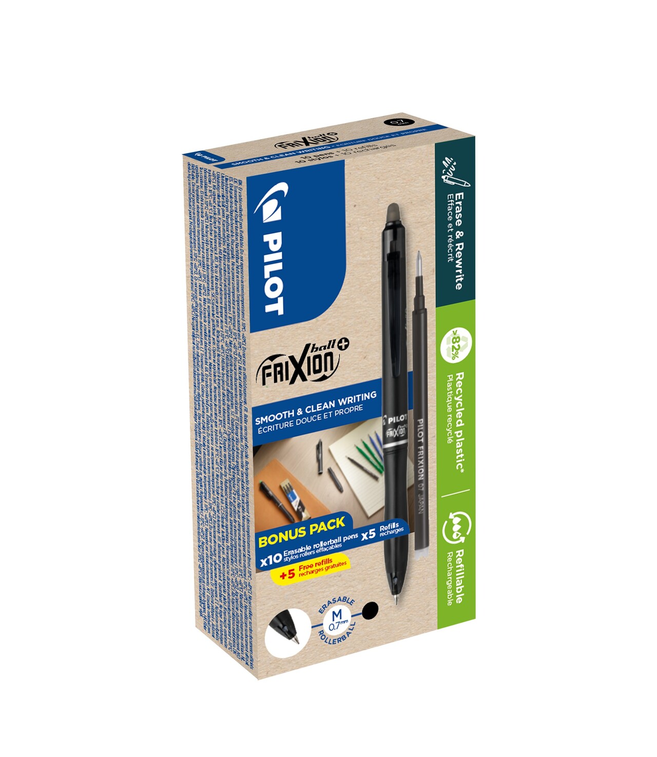 Kuglepen m/klik - Pilot FriXion Ball Plus 0,7 - Sort - Green Pack 10+10