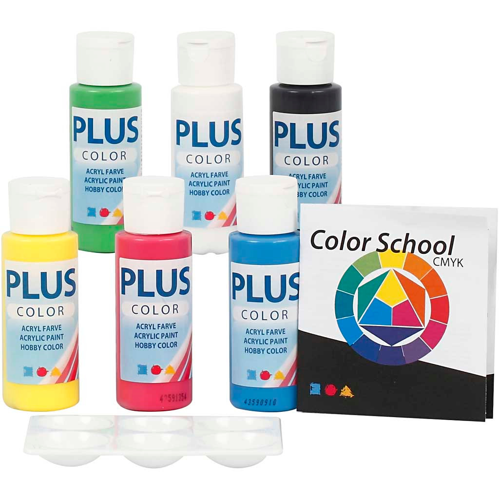 Plus Color hobbymaling - farveskole, primærfarver, 6x60ml