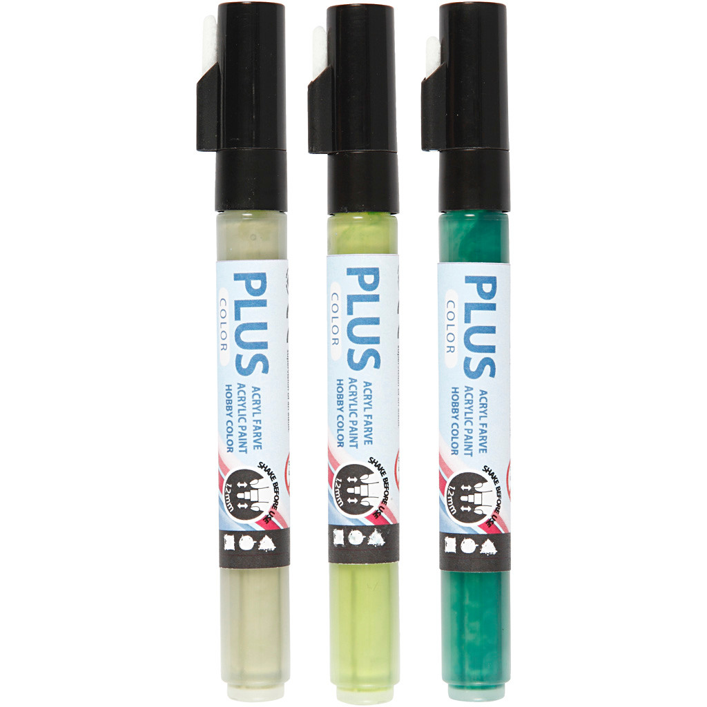 Plus Color Tusch, stregtykkelse: 1-2 mm, L: 14,5 cm, dark green, eucalyptus, leaf green, 3stk.