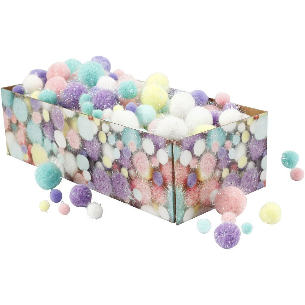 Pomponer pastelfarver Ø15-40mm glitter 400g
