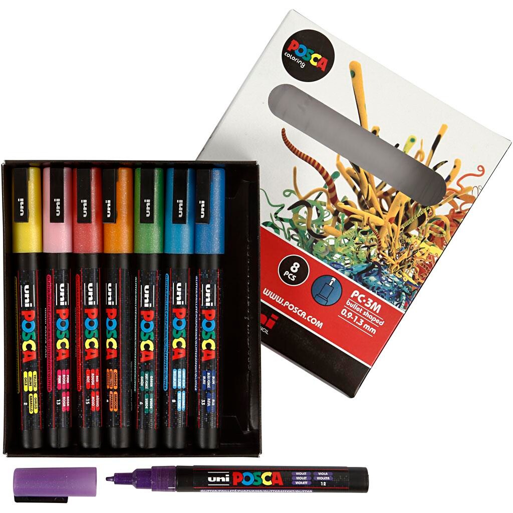 Tusser - POSCA PC-3ML - Glitterfarver - 0,9-1,3 mm - 8 stk.