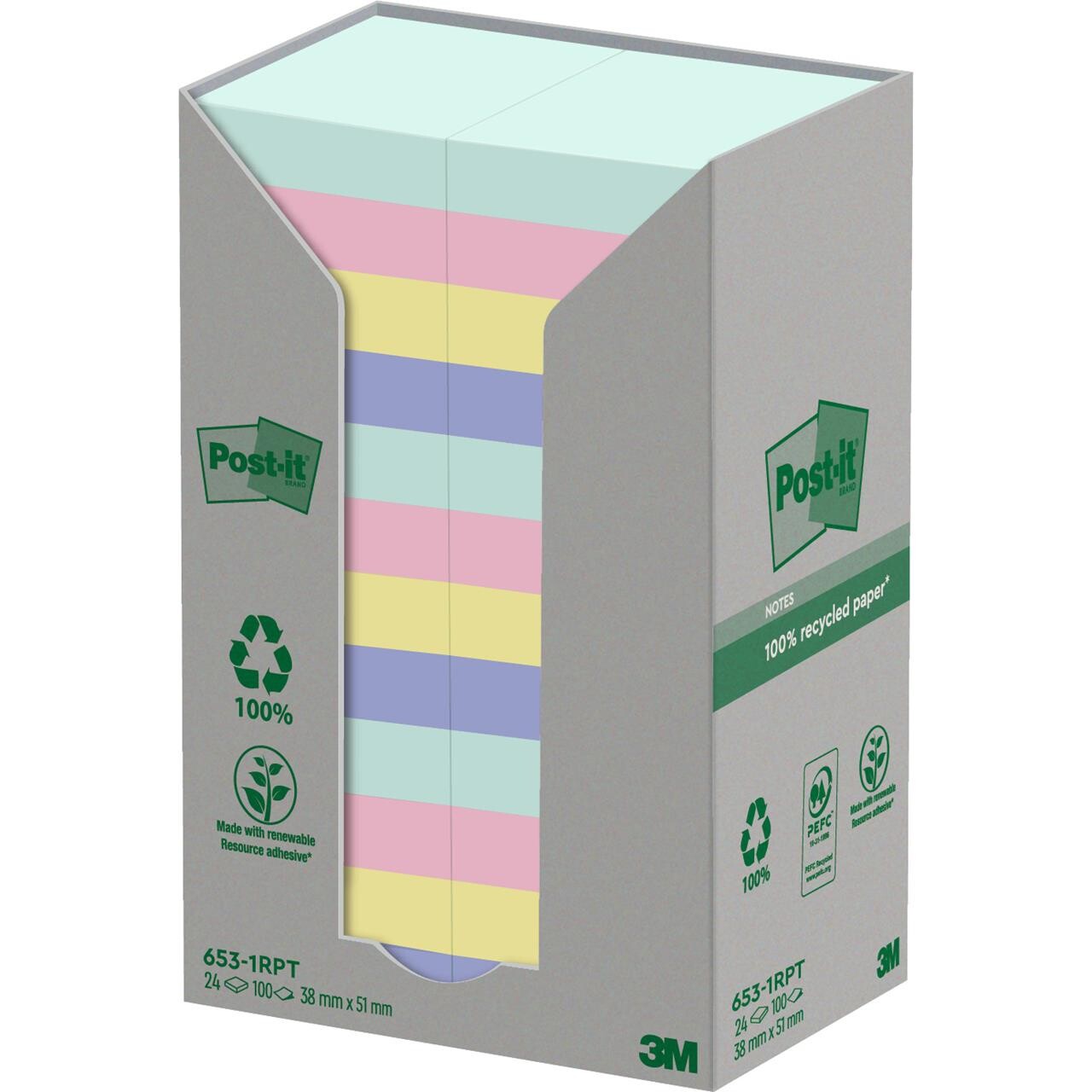 Post-it blokke Recycled 38x51mm 24stk