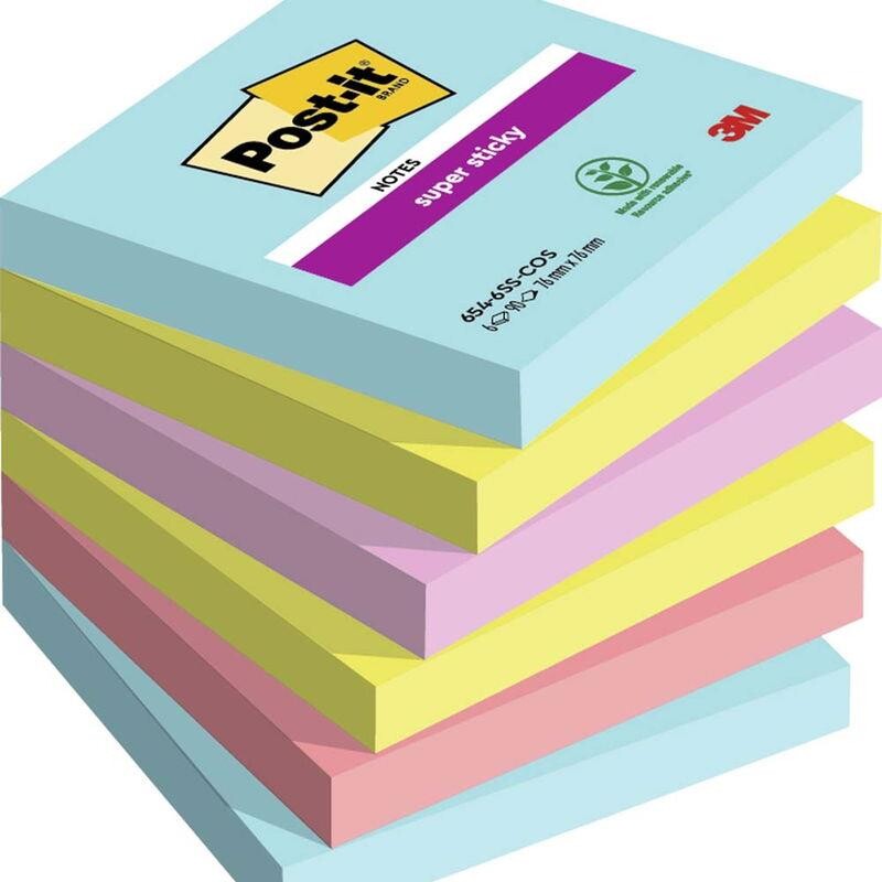 Post-it blok - Super Sticky ass. farver 76x76mm - pakke a 6 stk