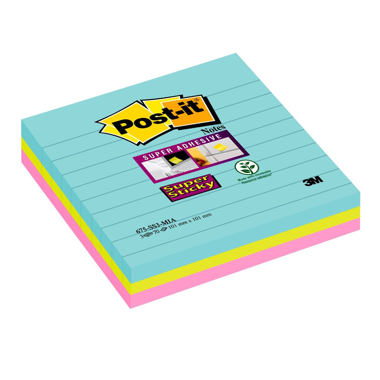 Super Sticky Post-it - Linjeret Notesblok 101x101mm - Assorterede farver - 3 blokke