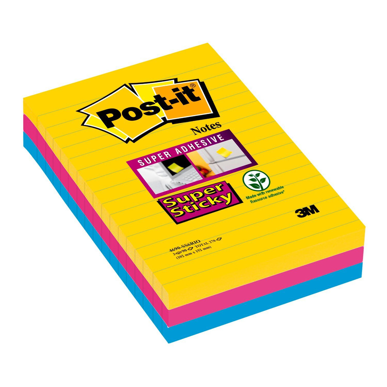 Post it Super Sticky ass. linieret 101x152mm - 3 blokke