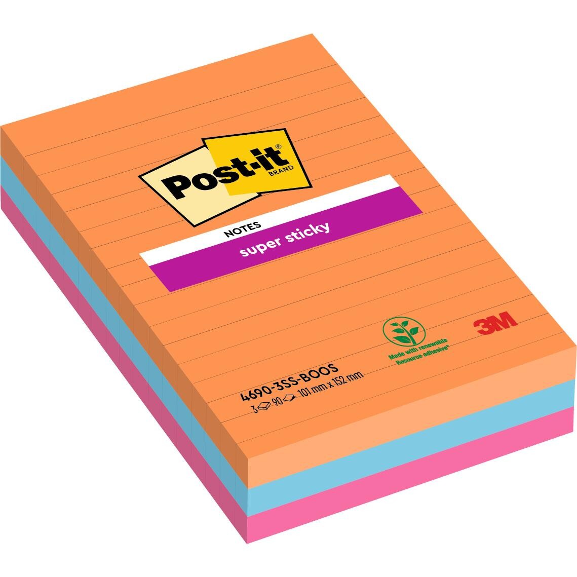 Post-it blokke Super Sticky Large lin. ass. 101x152mm Boost Colour 3 stk
