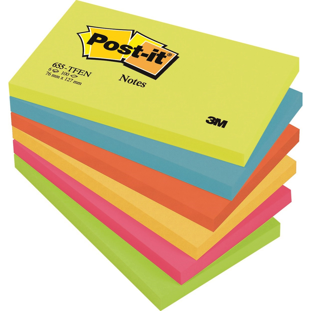 Post-it Notes - Neon - 76 x 127 mm - 6 ass. farver - 6 blokke