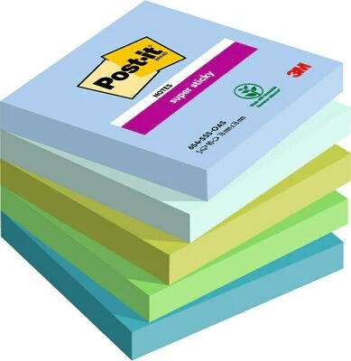 Post-it Super Sticky Notes 76 mm x 76 mm 90 ark pr. blok - 5 blokke pr. Oasis farvekollektion