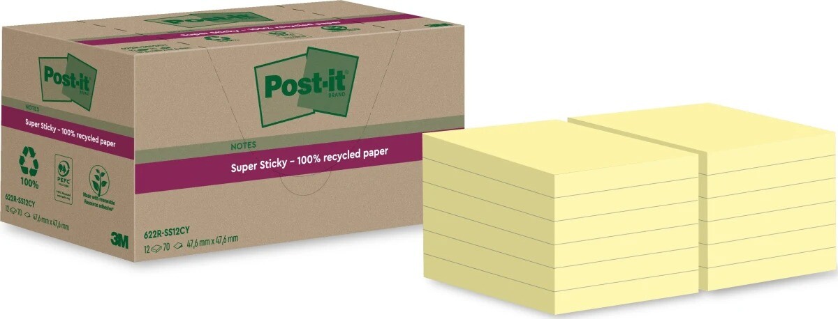 Post-it Super Sticky Recycle Canarygul 47,6x47,6mm 12blk - 24 stk