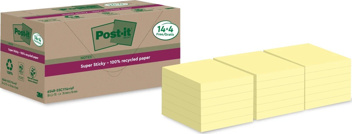Post-it Super Sticky Recycle Canarygul 76x76mm 14+4blk - 8 stk