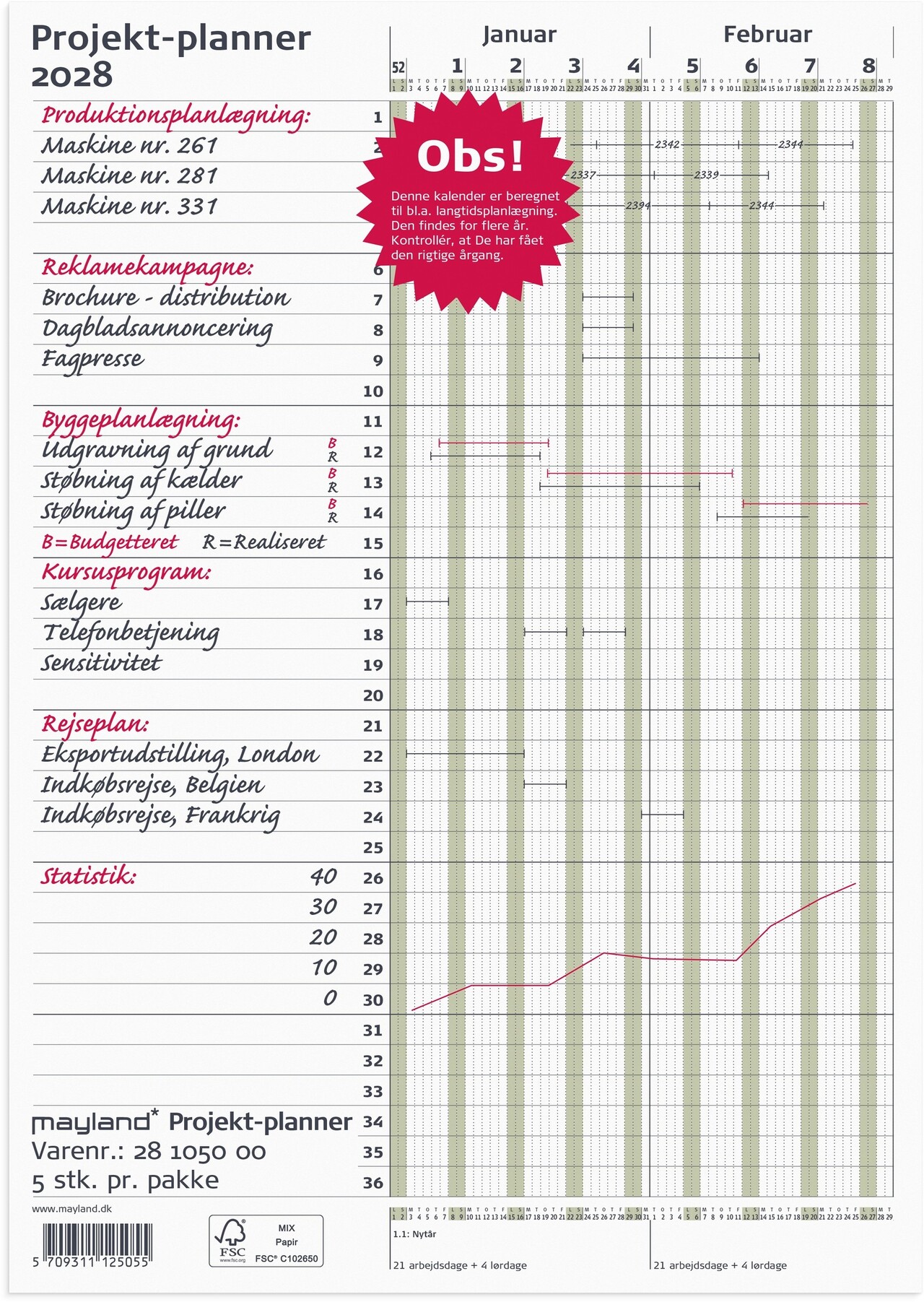 Årskalender - Projekt Planner - Grøn - 29,8 x 21 x 0,1 cm - 2028 - 28105000
