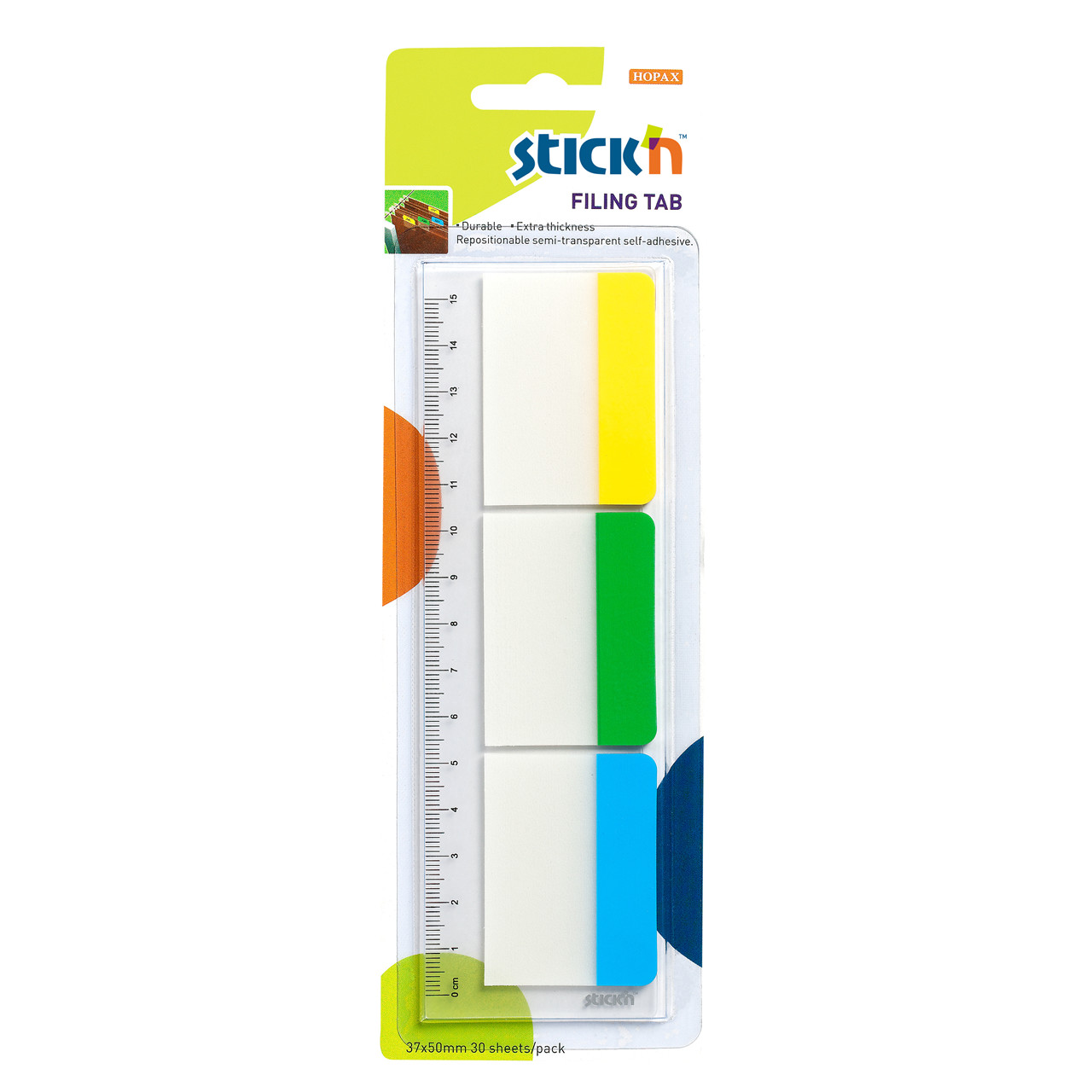 Registerfaner Stick'N kraftig rød/gul/grøn 37x50mm med lineal 3x10ark/pk