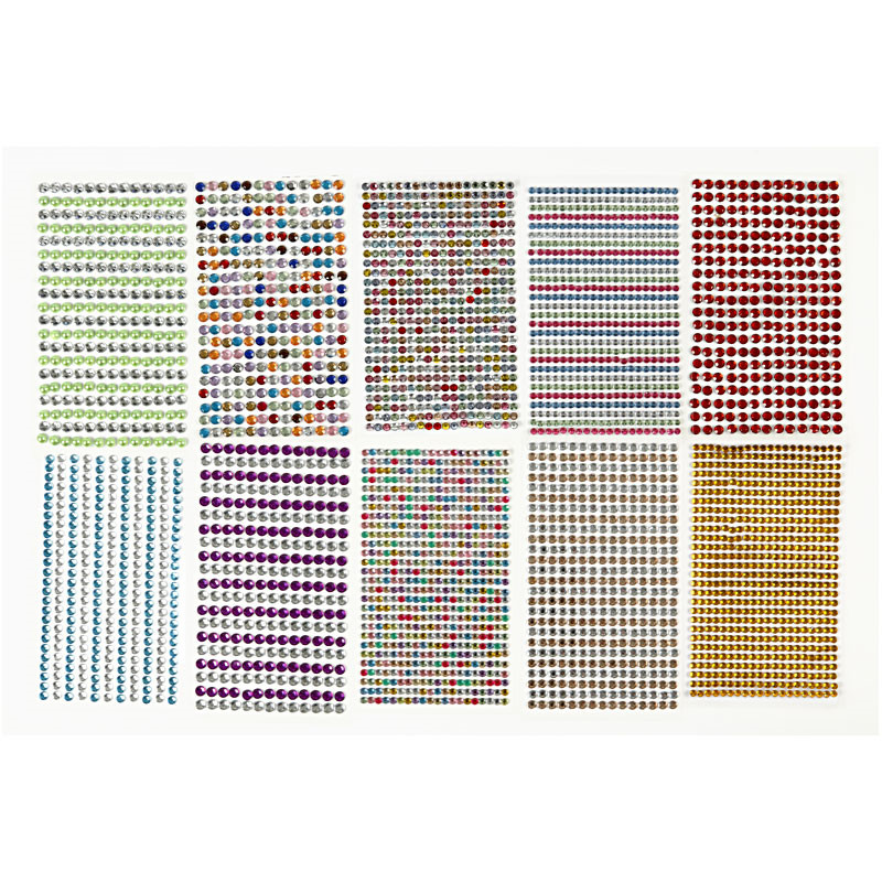 Rhinsten - 4 til 6 mm i diameter - ark 16 x 9,5 cm - Assorteret farver - 10 ark