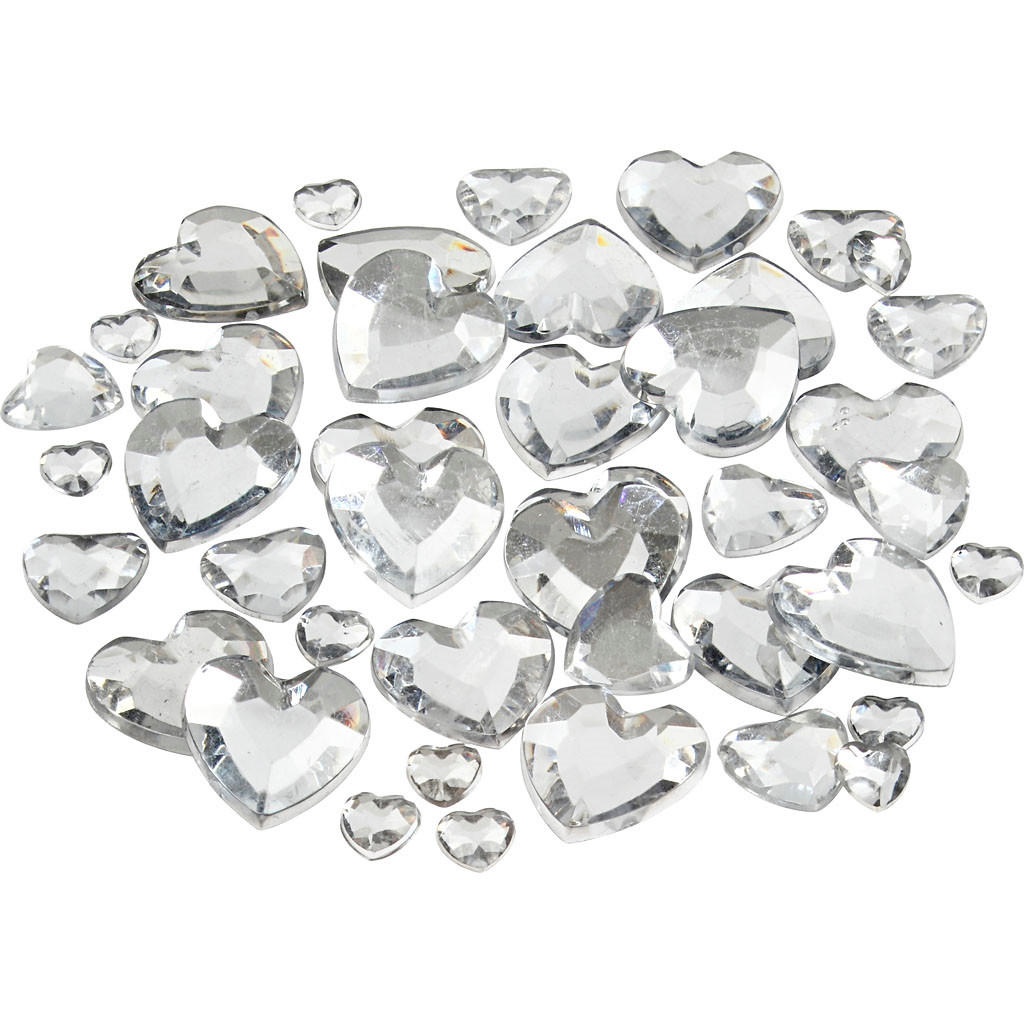 Rhinsten størrelse 6 + 10 + 14 mm sølv hjerter - 252 assorteret