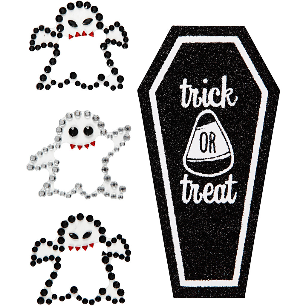 Rhinstensstickers, ark 14x17 cm, spøgelser og kiste, 1ark