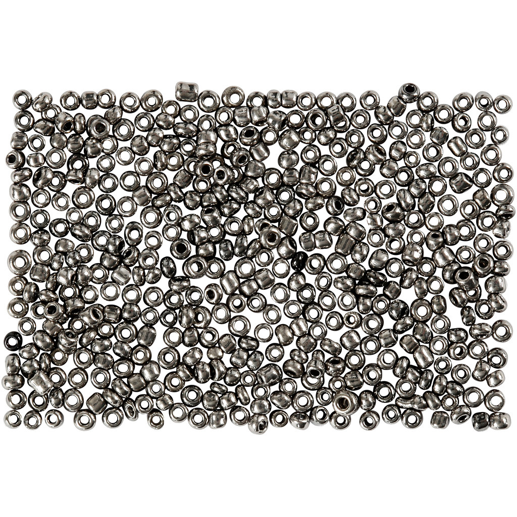 Rocaillesperler dia. 1,7 mm, hulstr. 0,5-0,8 mm, grå metal, 25g, str. 15