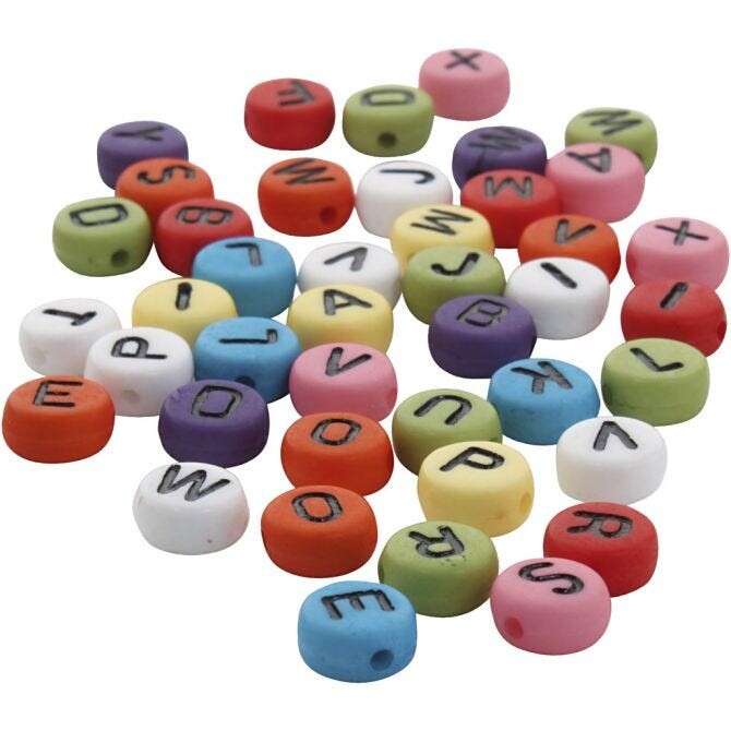 Runde bogstavperler, ass. farver, diam. 7 mm, hulstr. 1-2 mm, 25 g
