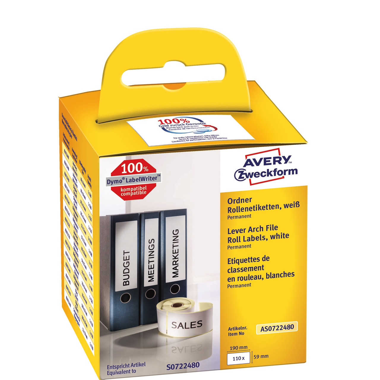 Avery AS0722480 - Ringbindsetiketter til Dymo Labelwriter 190 x 59 mm - 110 etiketter