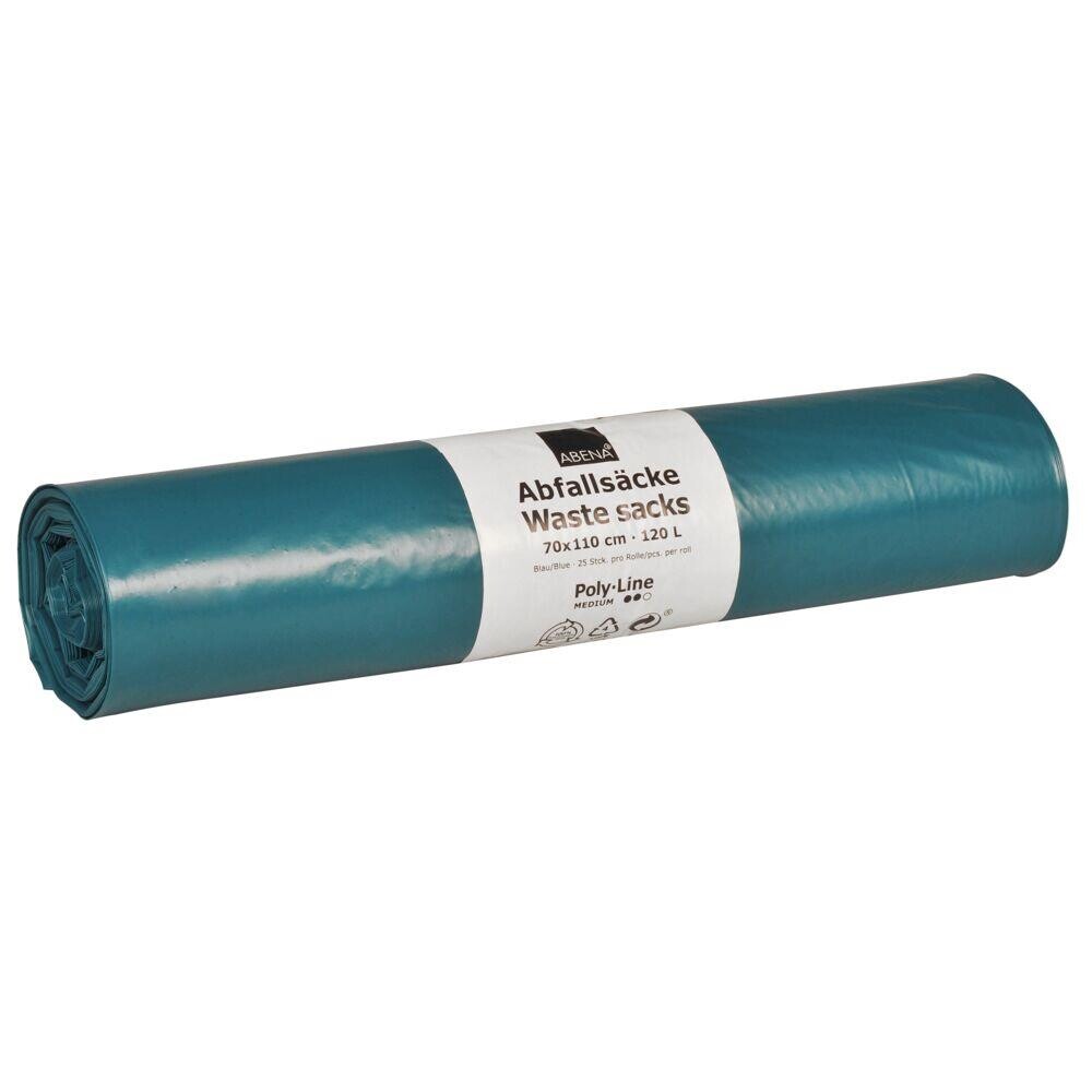 Sække Abena Poly-Line 120 L blå LDPE regenerat 70x110cm - 25 stk pr rulle - 10 ruller