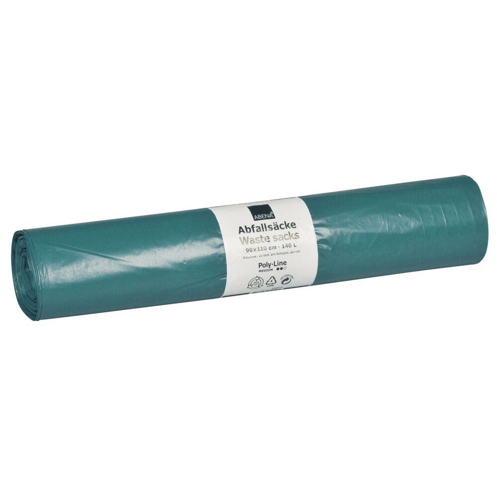 Sække Abena Poly-Line 160 L blå LDPE regenerat 90x110cm med tryk - 25 stk pr rulle - 10 ruller