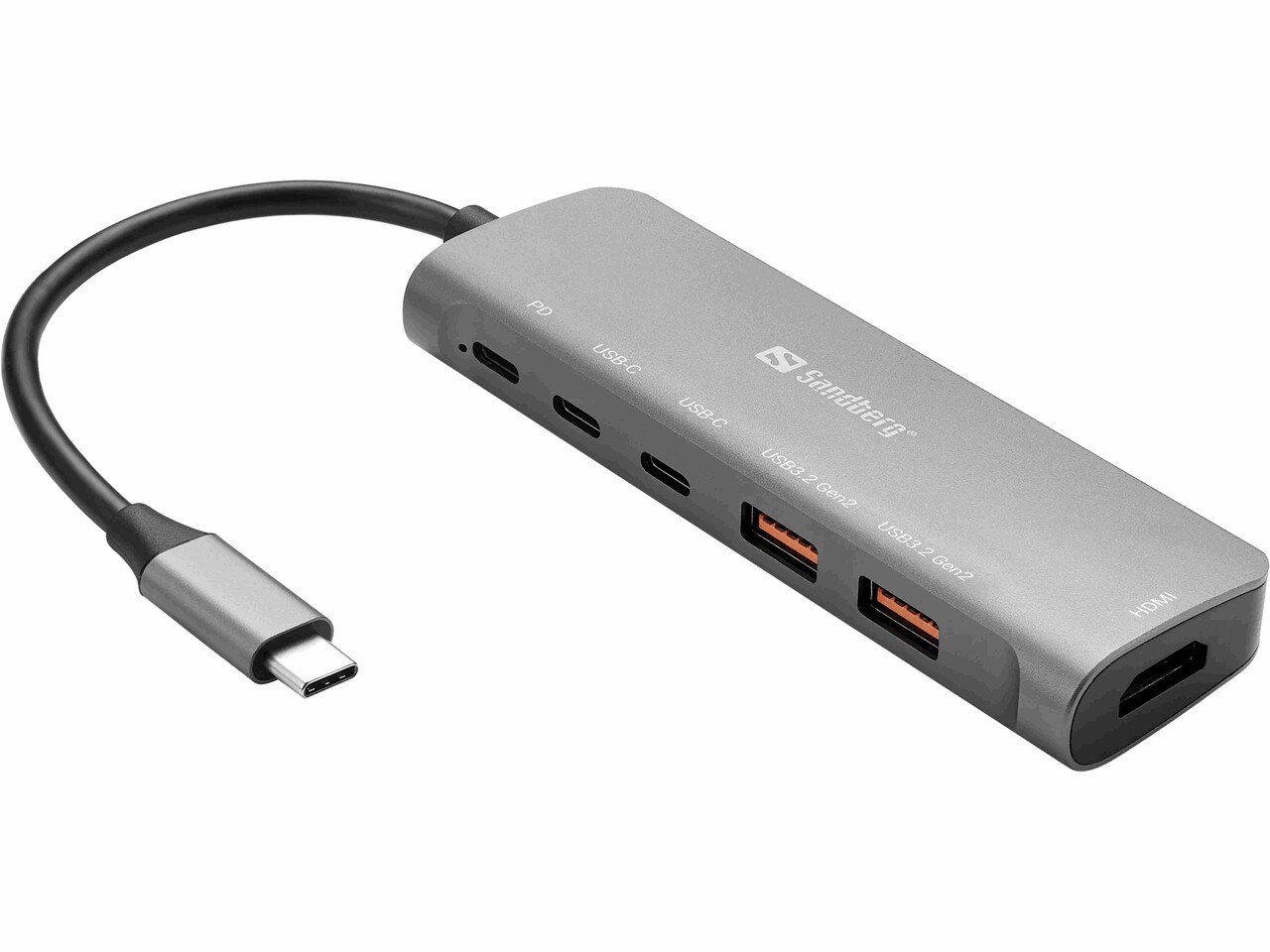 USB-C Dock, Sandberg, HDMI + 2xUSB-A + 2xUSB-C + PD100W, grå