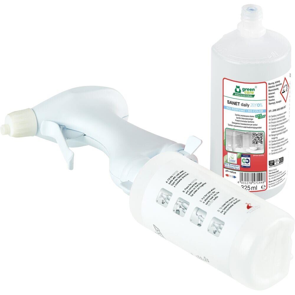 Sanitetsrengøring, Green Care Professional SANET daily zero%, 325 ml, Quick & Easy, sur/kalkhæmmende, uden farve og parfume - 6 stk