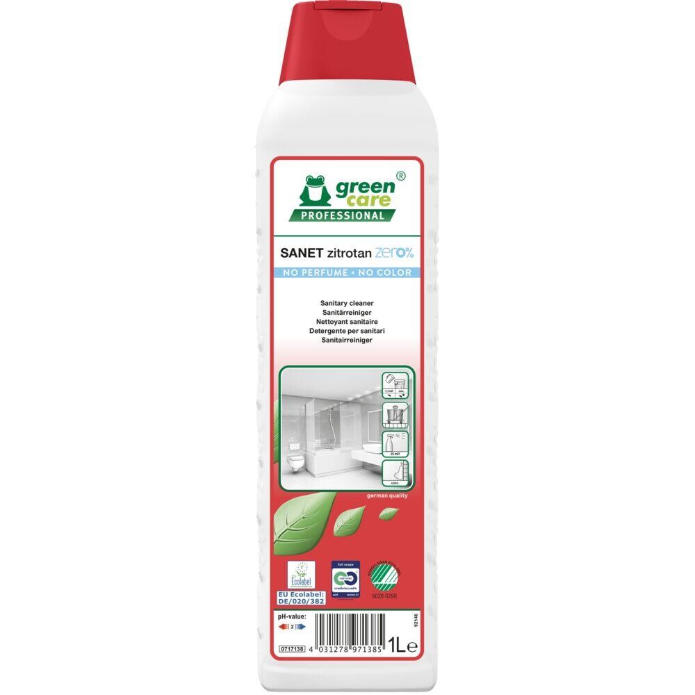 Sanitetsrengøring, Green Care Professional SANET Zitrotan zero%, 1 l, sur/kalkhæmmende, uden farve og parfume - 10 stk
