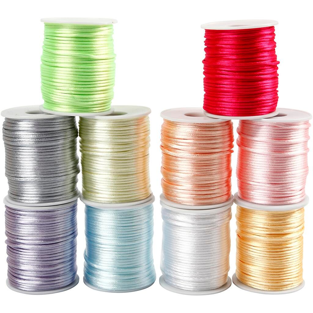 Satinsnor sortiment diameter 2 mm pastel farver | 10 x 50 meter