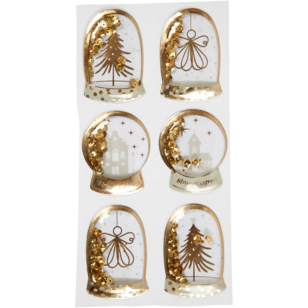Shaker stickers, str. 49x32+45x36 mm, guld, engel, træ og huse, 6stk.
