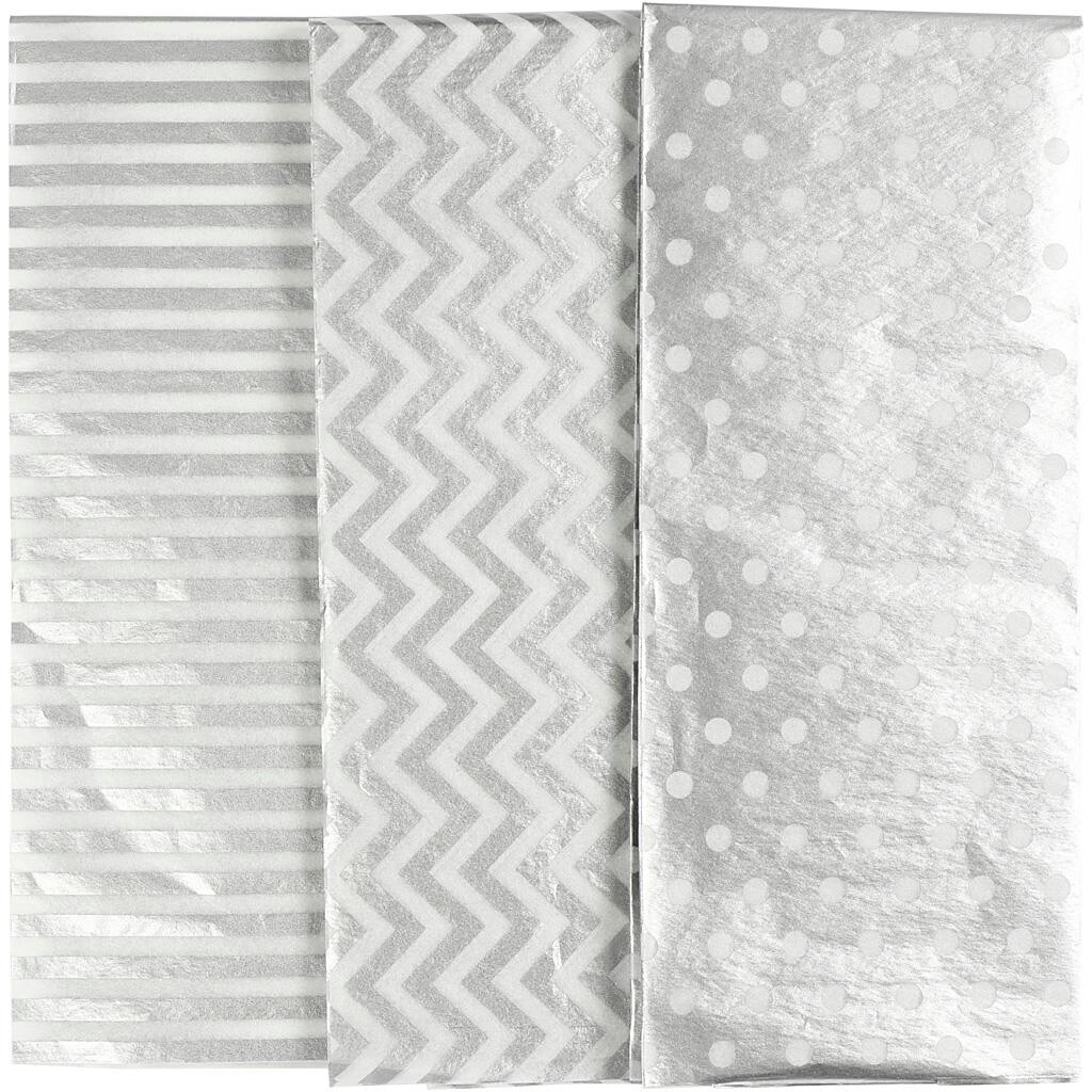 Silkepapir, ark 50x70 cm, 17 g, sølv, 6ark