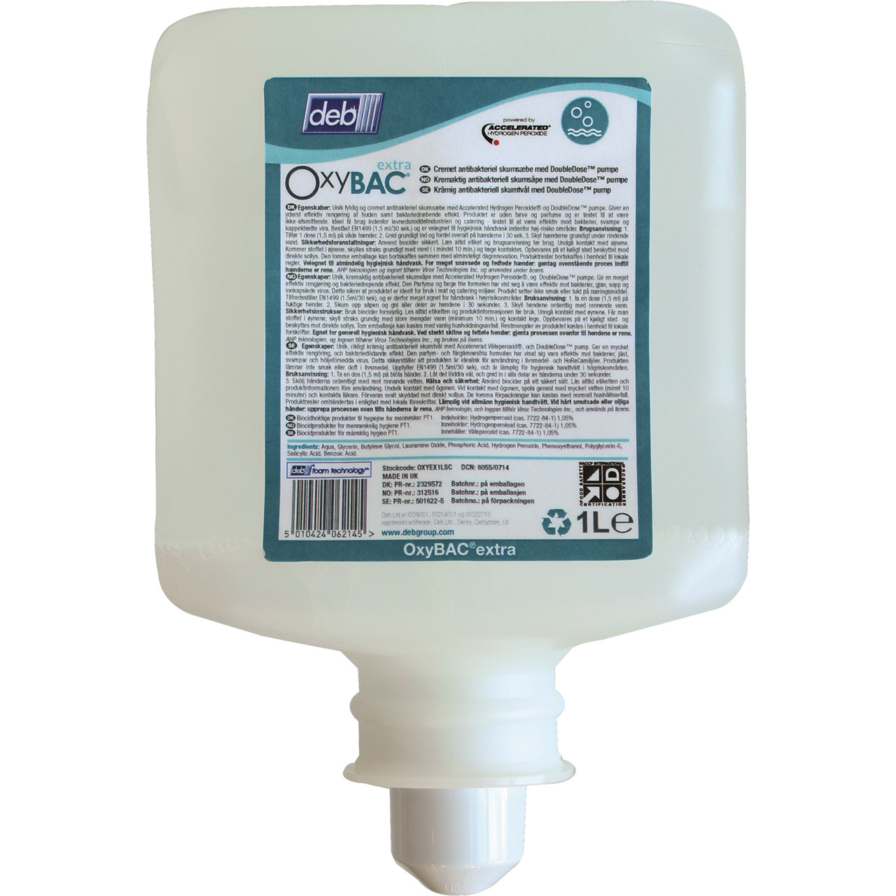 Skumsæbe - Deb Stoko Oxybac Extra - 1 liter - Uden farve og parfume - DoubleDose Pumpe - 6 stk