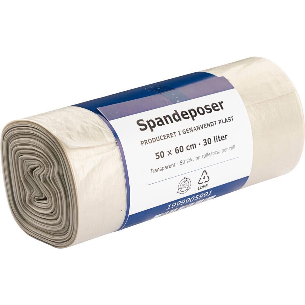 Spandepose, 30 l, klar, LDPE/genanvendt, 50x60cm, produceret i 100% genanvendt plast - 28 ruller