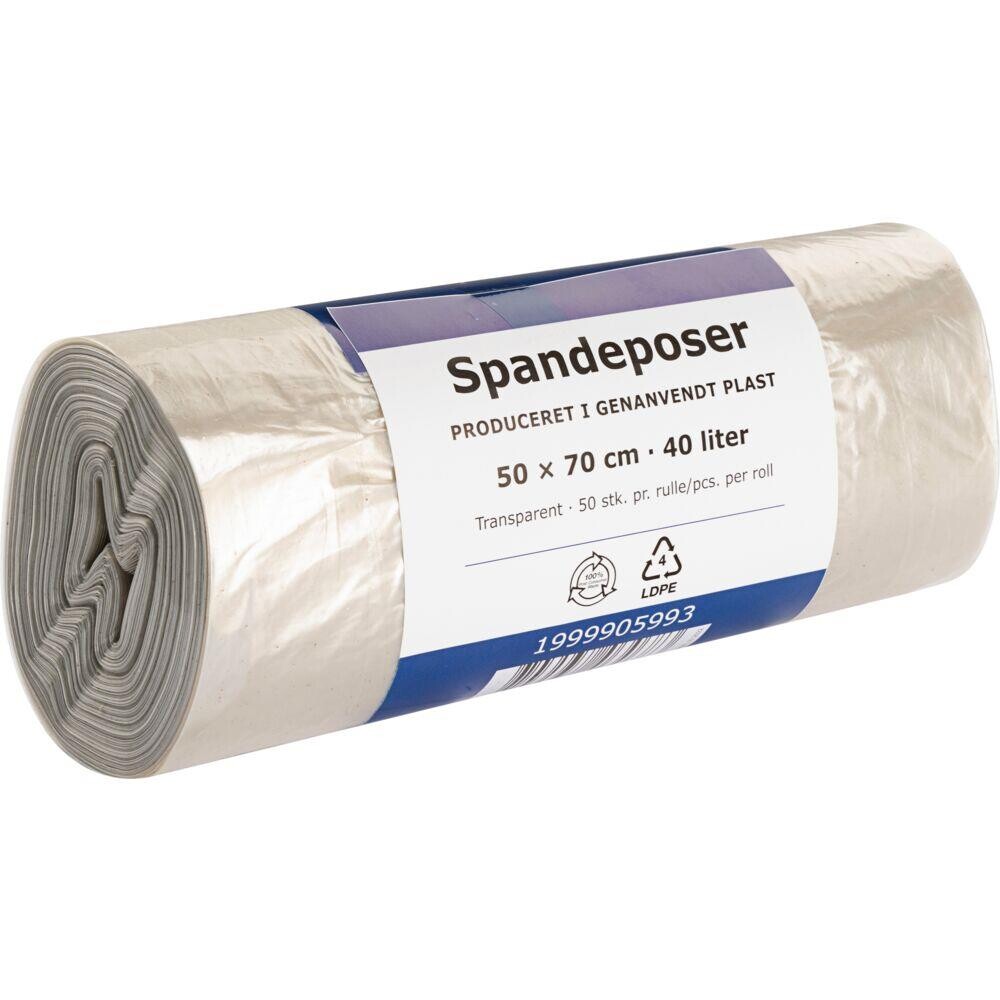 Spandepose, 40 l, klar, LDPE/genanvendt, 50x70cm, produceret i 100% genanvendt plast - 24 ruller