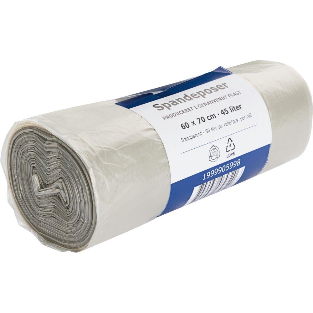 Spandepose, 45 l, klar, LDPE/genanvendt, 60x70cm, produceret i 100% genanvendt plast - 20 ruller