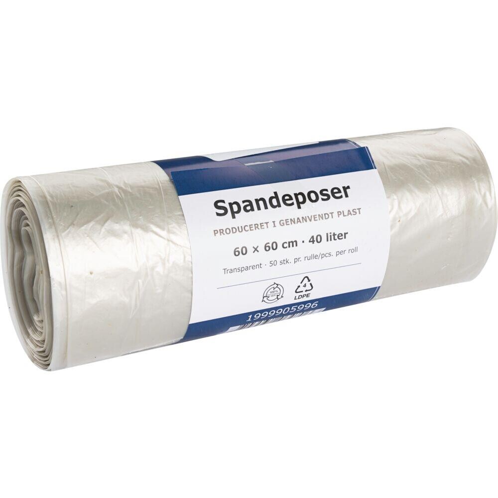 Spandeposer 40 L klar LDPE recycle 60x60cm produceret i 100% genanvendt plast - 18 ruller
