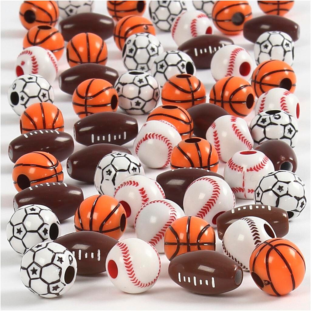 Sportsperler – 11–15 mm – Hulstr. 3–4 mm – Assorterede farver – 45 g – ca. 55 stk