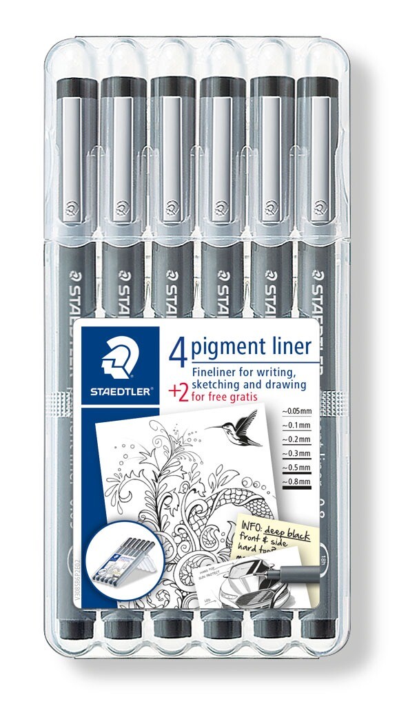Fineliner sæt - Staedtler Pigmentliner 308SB6P - Sort - 6 stk