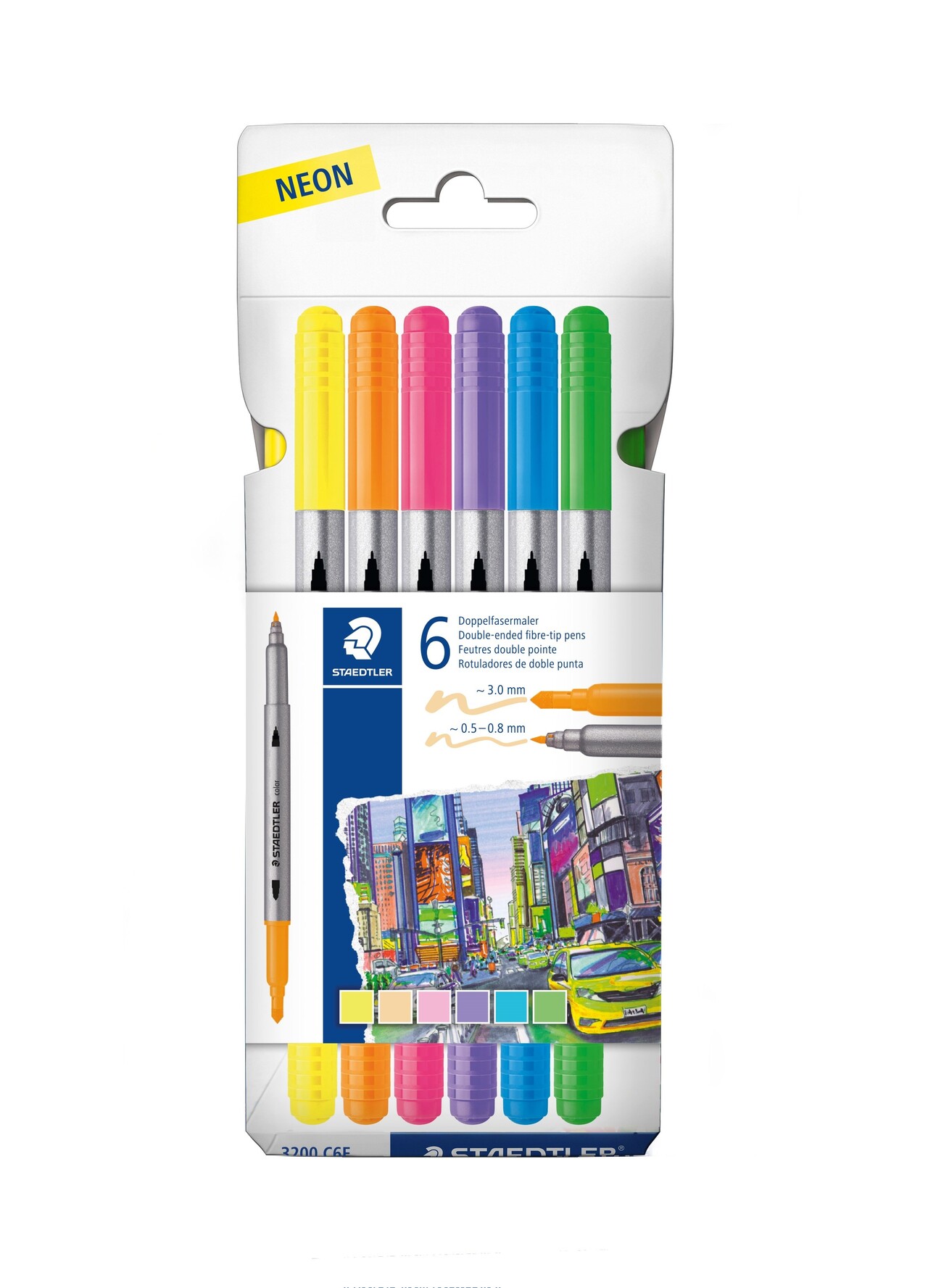 Fiberpen - Staedtler 3200 Duo - 6 stk - Assorterede farver - Dobbelt spids